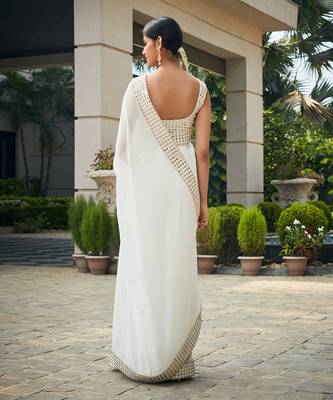 White ayra mirror work & chikankari saree set 3