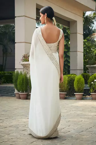 White ayra mirror work & chikankari saree set