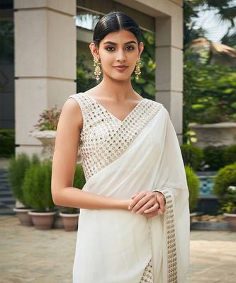 White ayra mirror work & chikankari saree set 4