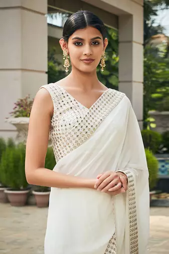 White ayra mirror work & chikankari saree set