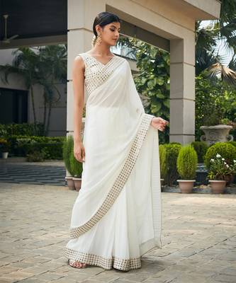 White ayra mirror work & chikankari saree set 5