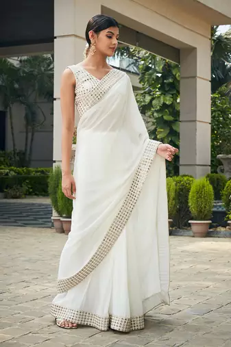 White ayra mirror work & chikankari saree set