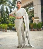 Light mint grey amona chikankari embroidered saree set