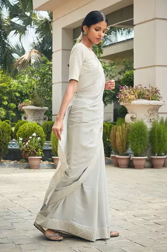 Light mint grey amona chikankari embroidered saree set