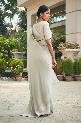 Light mint grey amona chikankari embroidered saree set