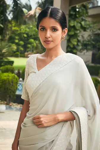 Light mint grey amona chikankari embroidered saree set