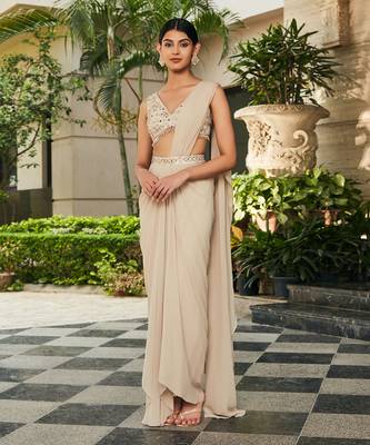 Beige zeya chikankari & mirror work concept saree set 1