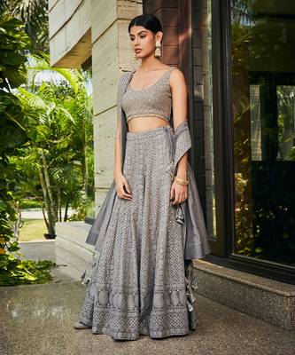 Dark Grey Eka Chikankari Embroidered Lehenga Set 2