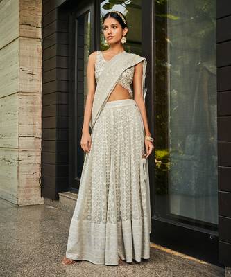 Light Grey Alisa Embroidered Chikankari Lehenga Set 1
