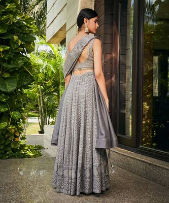 Dark Grey Eka Chikankari Embroidered Lehenga Set 3