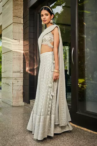 Light Grey Alisa Embroidered Chikankari Lehenga Set