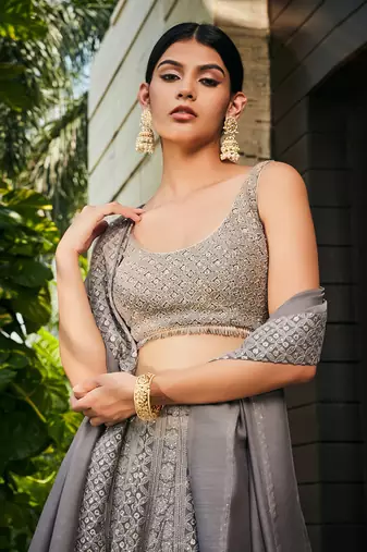 Dark Grey Eka Chikankari Embroidered Lehenga Set