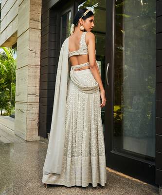 Light Grey Alisa Embroidered Chikankari Lehenga Set 3