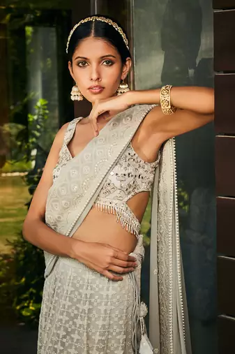 Light Grey Alisa Embroidered Chikankari Lehenga Set