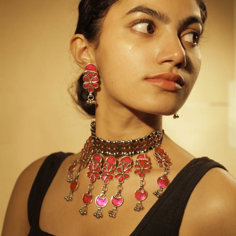 Banjara oxidized necklace & earrings pink enamel choker floral design bohemian tribal for women