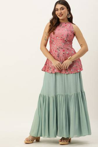 Ethnovog Ready To Wear Rouge Pink N Blue Chinon Embroidered Skirt Set