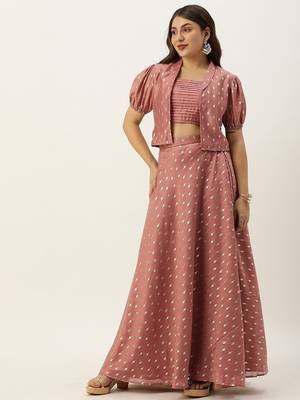 Ethnovog Ready To Wear Peach Foil Printed Crop Top N Skirt With Jacket 1