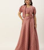 Ethnovog Ready To Wear Peach Foil Printed Crop Top N Skirt With Jacket
