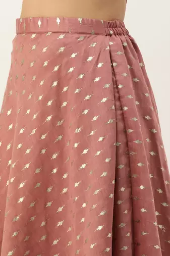Ethnovog Ready To Wear Peach Foil Printed Crop Top N Skirt With Jacket