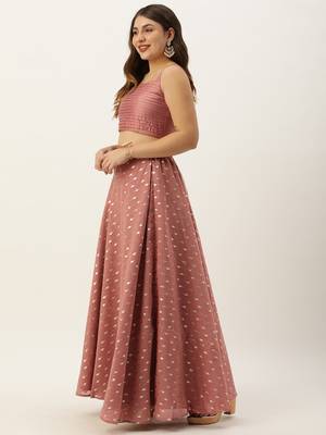 Ethnovog Ready To Wear Peach Foil Printed Crop Top N Skirt With Jacket 5