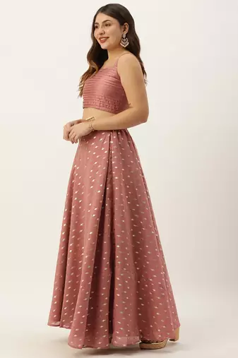 Ethnovog Ready To Wear Peach Foil Printed Crop Top N Skirt With Jacket