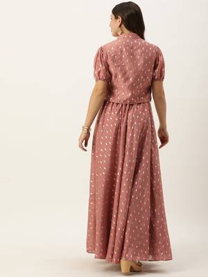 Ethnovog Ready To Wear Peach Foil Printed Crop Top N Skirt With Jacket 6