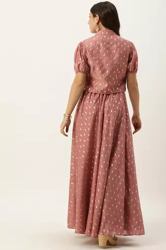 Ethnovog Ready To Wear Peach Foil Printed Crop Top N Skirt With Jacket