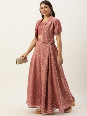 Ethnovog Ready To Wear Peach Foil Printed Crop Top N Skirt With Jacket 7