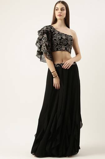 Ethnovog Ready To Wear Black Georgette Foil Printed Skirt Set