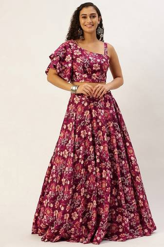 Ethnovog Ready To Wear Maroon Art Silk Printed Skirt Set