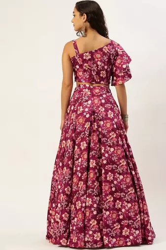 Ethnovog Ready To Wear Maroon Art Silk Printed Skirt Set