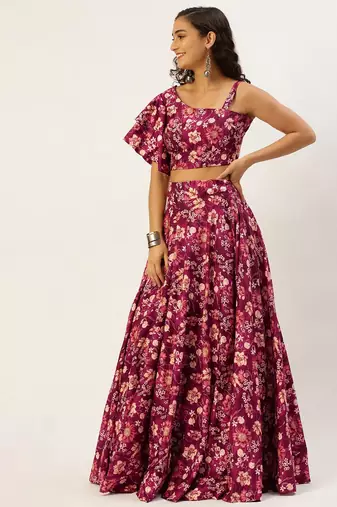 Ethnovog Ready To Wear Maroon Art Silk Printed Skirt Set