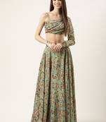 Ethnovog Ready To Wear Green Chinon Printed Skirt Set