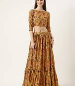 Ethnovog Ready To Wear Yellow chinon Foil Printed Skirt Set