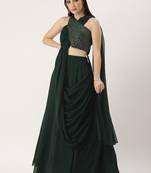 Ethnovog Ready To Wear Green Embroidered Skirt Set With Drape