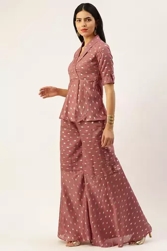 Ethnovog Ready To Wear Peach Art Silk Foil Printed Co Ord Sets