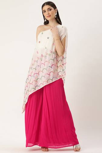 Ethnovog Ready To Wear Cream N Pink Chinon Embroidered Top N Palazzo Set