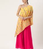 Ethnovog Ready To Wear Yellow Chinon Embroidered Top N Palazzo Set