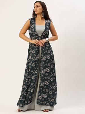 Grey Taffeta Jacquard Long Kurta with Palazzo Set 1