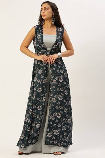 Ethnovog Ready To Wear Grey Palazzo Pant Set N Blue Chinon Jacket