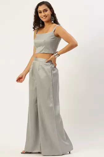 Grey Taffeta Jacquard Long Kurta with Palazzo Set