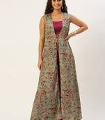 Ethnovog Ready To Wear Purple Pant Set N Green Chinon Jacket