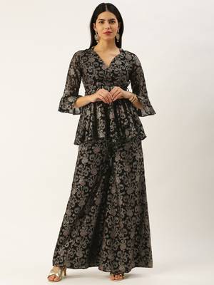 Ethnovog Ready To Wear Black Foli Print Georgette Co Ords Set 1