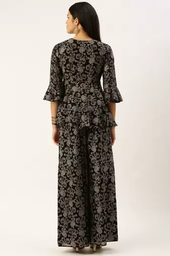 Ethnovog Ready To Wear Black Foli Print Georgette Co Ords Set
