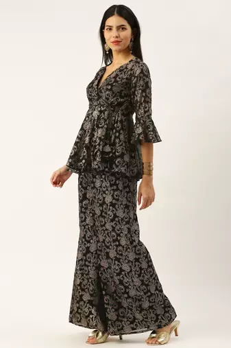 Ethnovog Ready To Wear Black Foli Print Georgette Co Ords Set