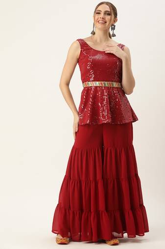 Ethnovog Ready To Wear Maroon Embroidered Top N Palazzo Set