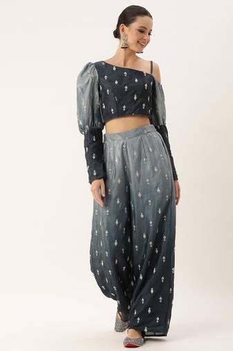 Ethnovog Ready To Wear Grey Ombre Chinon Embroidered Co-ords Set