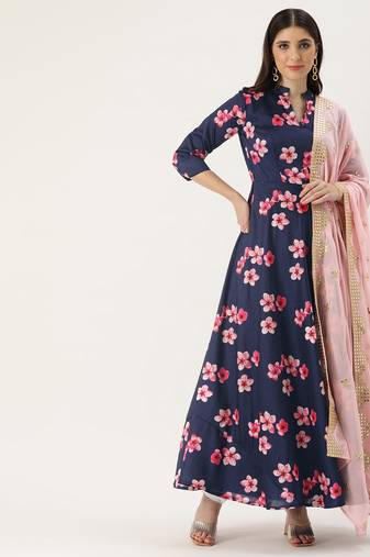 Ethnovog Ready To Wear Blue Printed N Mauve Georgette Anarkali Suit
