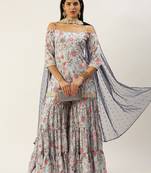 Ethnovog Ready To Wear Pale Blue Lily Art Silk Printed Gharara Set