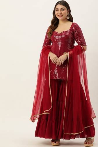 Ethnovog Ready To Wear Maroon Embroidered Georgette Palazzo Suit